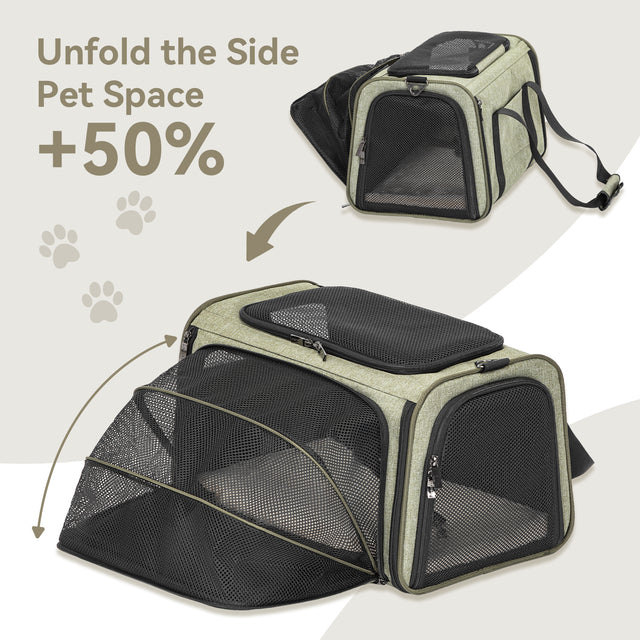 Soft pet carrier displayed closed and with side panel expanded, showing about 50% more lounging room and breathable mesh walls.