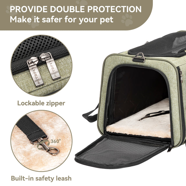 Open cat carrier highlights lockable dual zippers, interior safety leash clip, plush pad, and mesh flap for secure airflow.