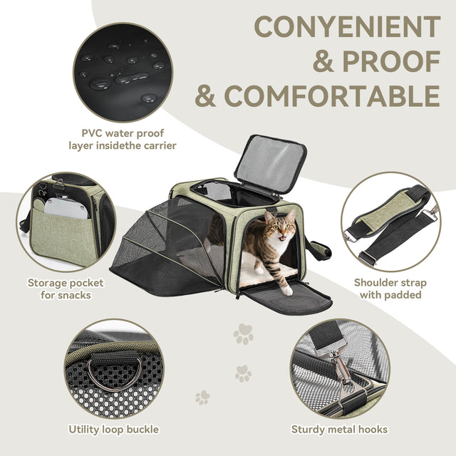 Feature layout shows pet carrier details including waterproof inner layer, snack pocket, utility loop, padded strap, and metal hooks.