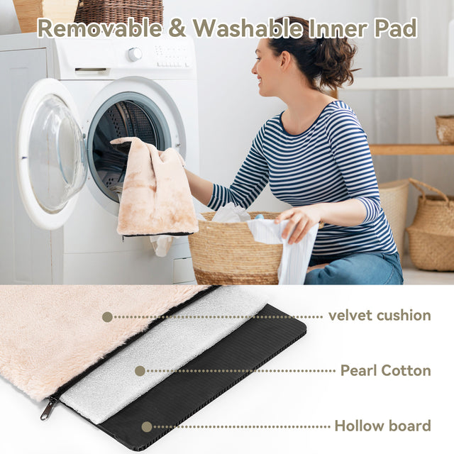 Removable inner cushion from the cat carrier is machine washable, with layered velvet top, cotton fill, and sturdy base board.