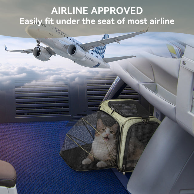 Airline-ready pet carrier fits under an airplane seat, with a cat visible through mesh and expanded side for extra in-cabin comfort.
