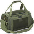 Olive green pet carrier with breathable mesh panels, top handles, shoulder strap, and side pocket for travel essentials.