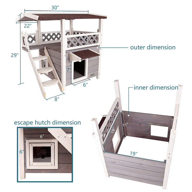 Dimension guide shows this outdoor cat house footprint, total height, ramp width, and entry opening plus inner compartment sizing.