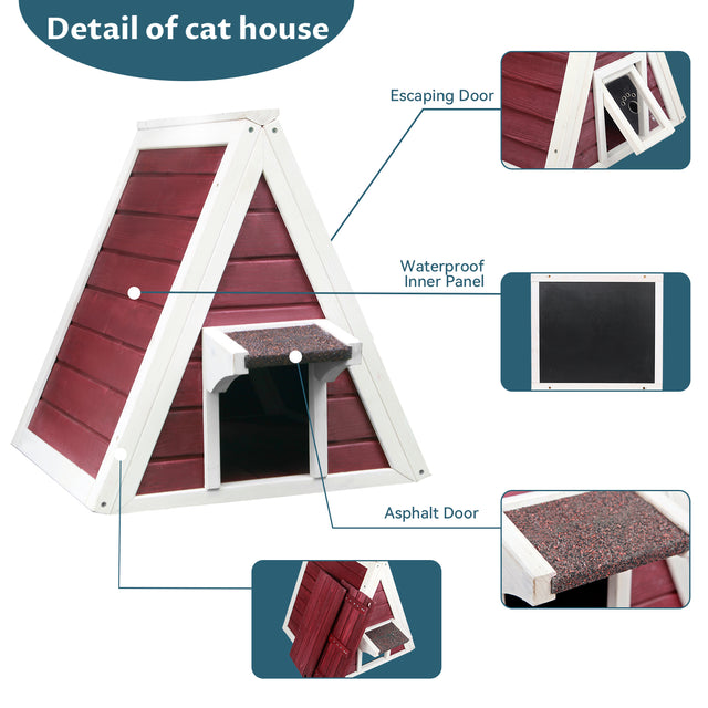Cat shelter detail view highlighting escape door, waterproof inner panel, and asphalt-covered entry roof for weather protection.