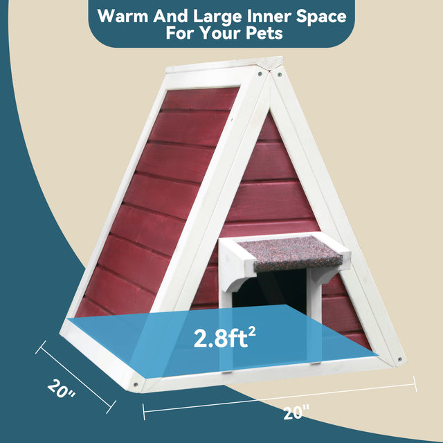 A-frame outdoor cat house diagram showing 2.8 sq ft interior and 20-inch by 20-inch base for warm, roomy pet shelter.