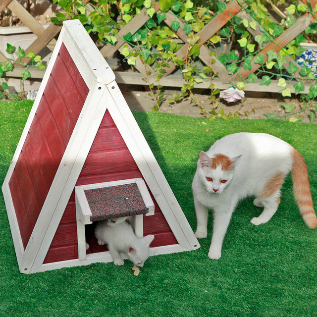 Two cats explore a red wooden cat house on garden turf, with one peeking from the doorway beneath the covered entrance.