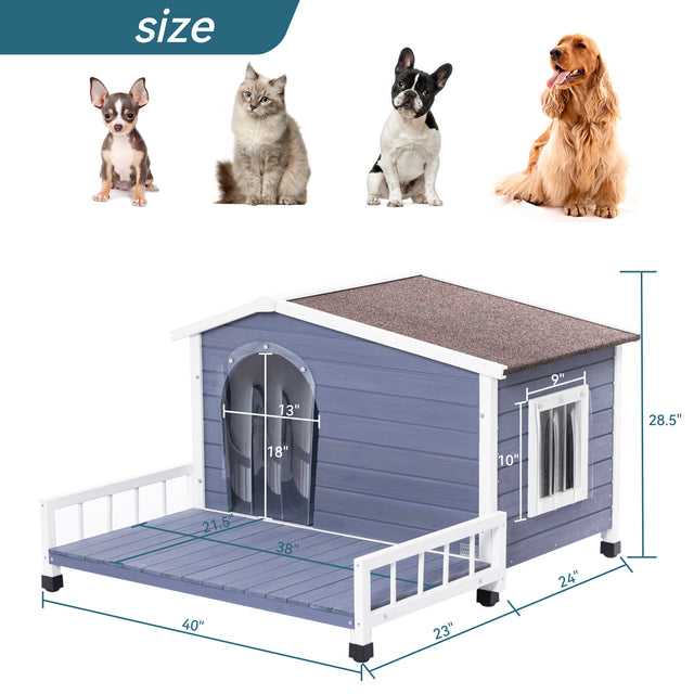 Size guide shows the blue outdoor dog house dimensions, door opening, porch measurements, and pet size comparison lineup.