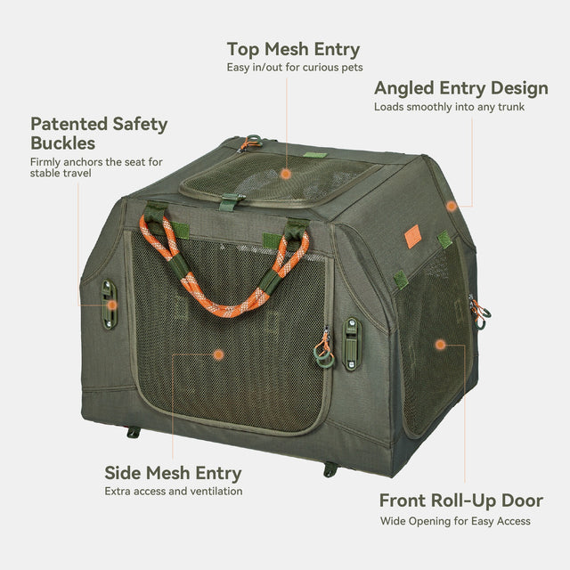 PETSFIT WILDPATH angled soft travel dog crate in army green with patented safety buckles, three mesh openings and one semi-mesh window, on white background