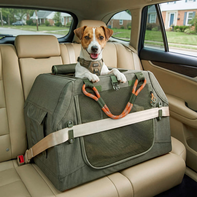 PETSFIT WILDPATH angled travel dog crate feature callout showing top mesh entry, angled trunk design, patented safety buckles, side mesh entry, and front roll-up door