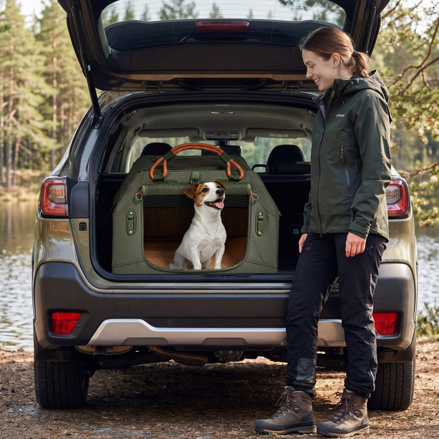 PETSFIT WILDPATH angled travel dog crate size chart showing 24x18x17 inch dimensions suitable for dogs and cats up to 17 lbs with measurement guide