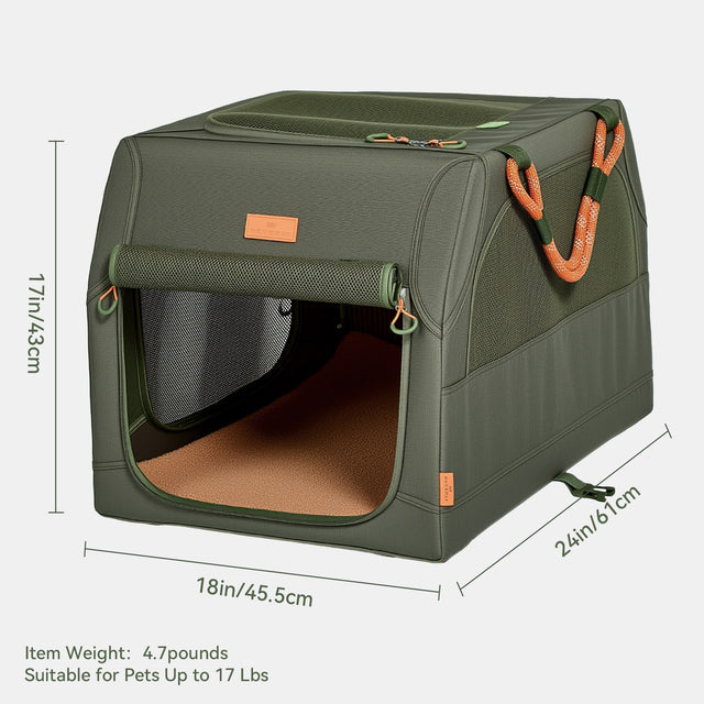 PETSFIT WILDPATH S size soft travel dog crate dimensions showing 17in/43cm height, 18in/45.5cm width, 24in/61cm length with front door open showing brown fleece mat, item weight 4.7 pounds, suitable for pets up to 17 lbs