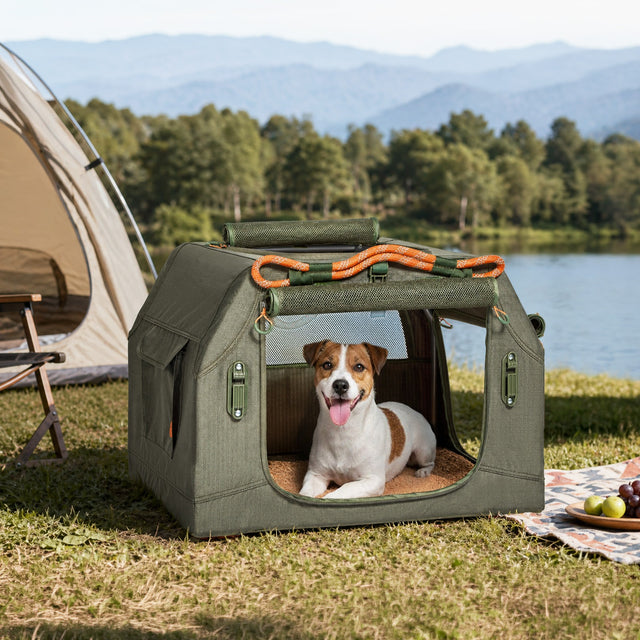 PETSFIT WILDPATH soft travel dog crate showing three mesh door openings top front and side for ventilation access and semi-mesh rear window for privacy