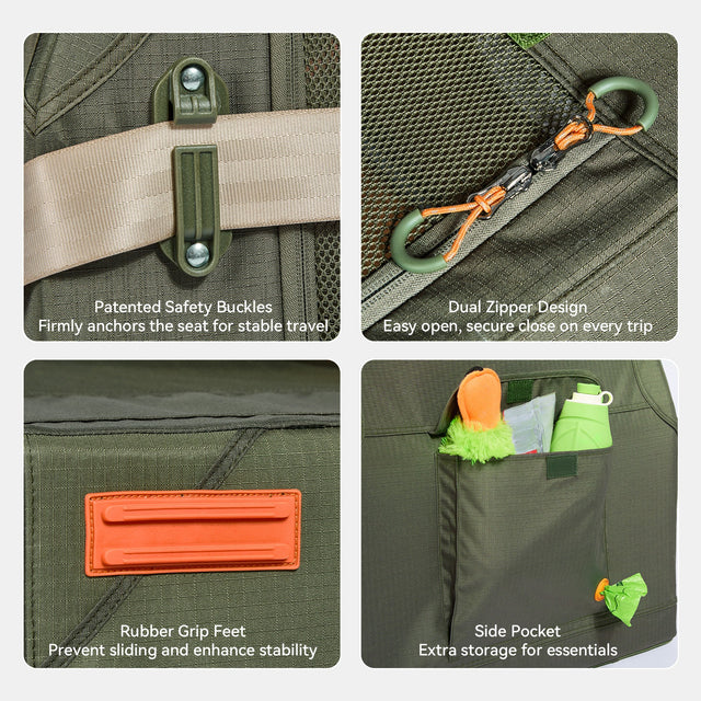PETSFIT WILDPATH travel dog crate detail showing waterproof bottom material and rear large zippered storage pocket for carrying pet travel essentials