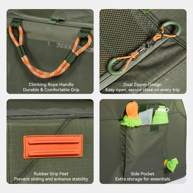 PETSFIT WILDPATH soft crate detail callouts showing climbing rope handle, dual zipper design, orange rubber grip feet for stability, and side storage pocket with essentials