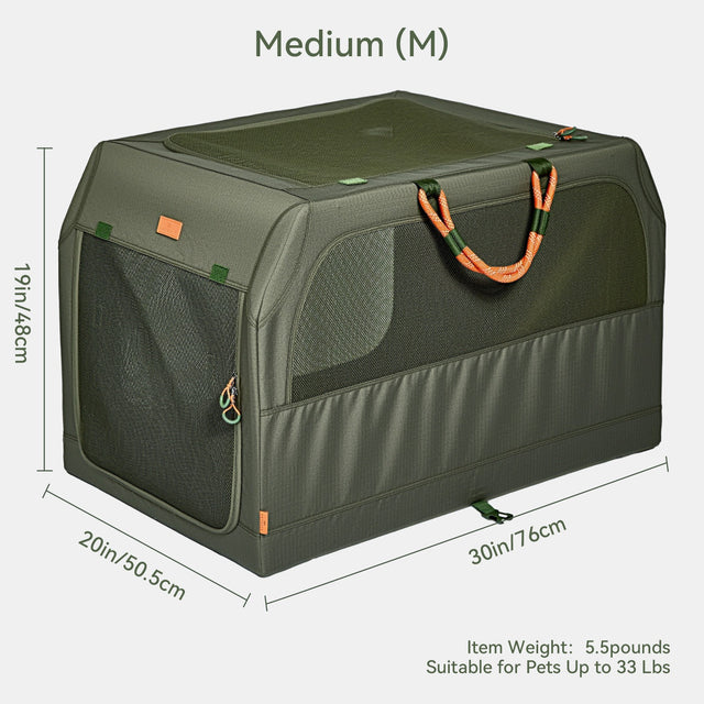 PETSFIT WILDPATH Medium soft travel dog crate size chart showing 30x20x19 inch dimensions, 5.5 lbs weight, suitable for pets up to 33 lbs, army green color