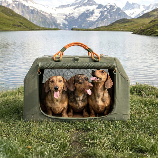 Three happy Dachshund dogs sitting inside PETSFIT WILDPATH army green soft crate outdoors by alpine mountain lake with snowy peaks in background
