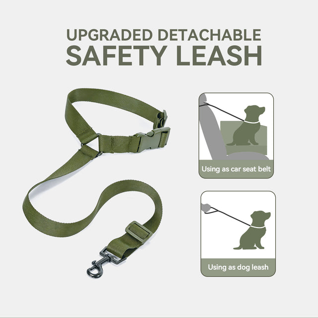 PETSFIT WILDPATH upgraded detachable safety leash in army green showing dual use as car seat belt and dog walking leash with diagram