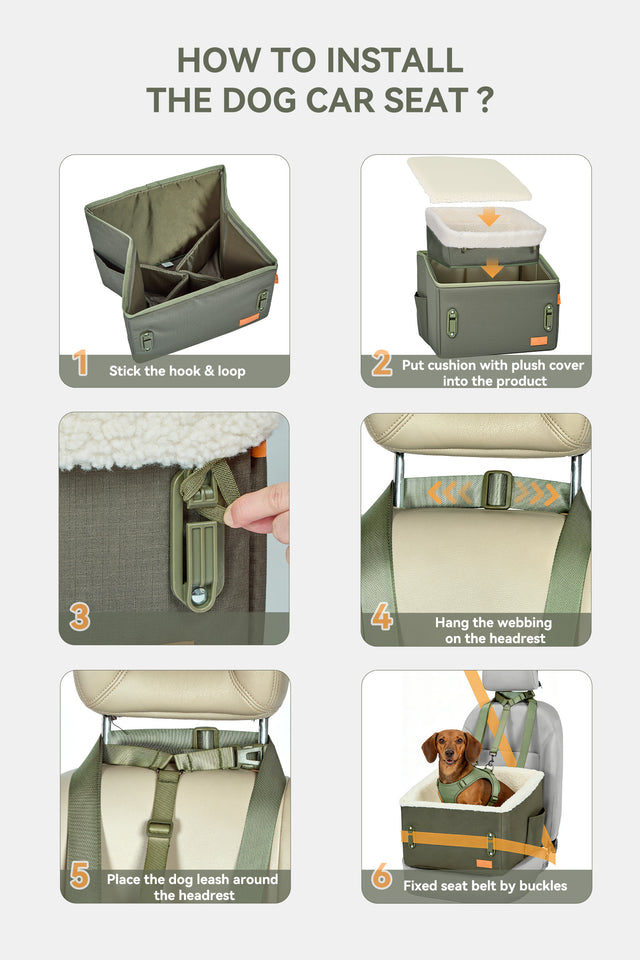 PETSFIT WILDPATH DVCE062014G1 dog car seat 6-step installation guide mobile version showing hook loop, cushion, PP boards, webbing and safety buckle setup
