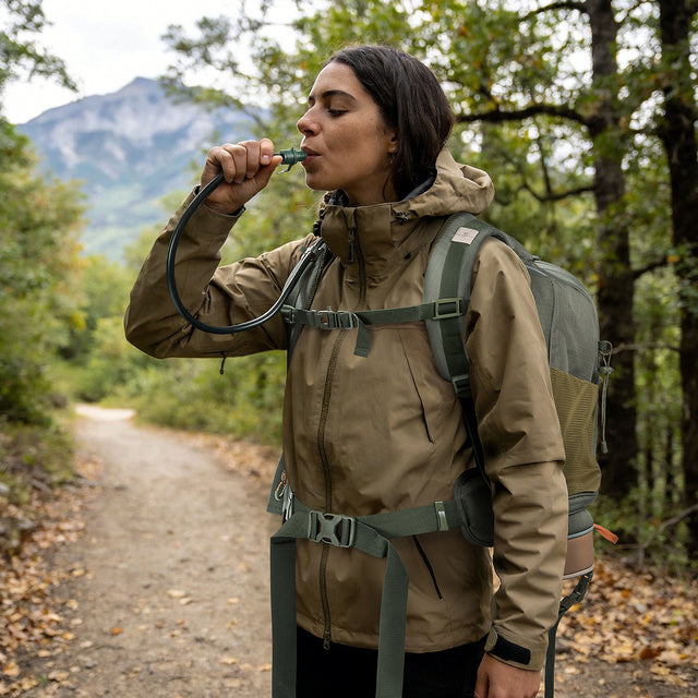 Pet backpack on a forest hike, with a hydration tube, fitted shoulder straps, and waist support.