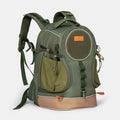 Pet backpack in olive green with a front mesh window, side pocket, compression strap, and TPU base.