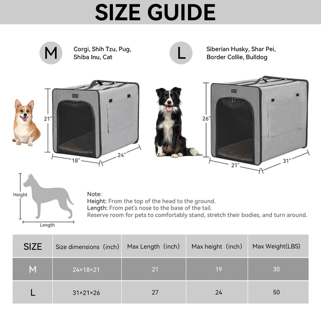 Size guide compares medium and large soft dog crate options, listing dimensions, pet length and height ranges, and max weight.