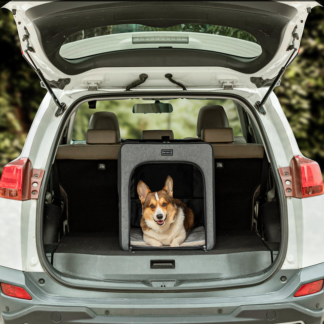 Corgi rests inside a travel dog crate placed in an SUV cargo area, showing a secure fit for road trips and weekend outings.