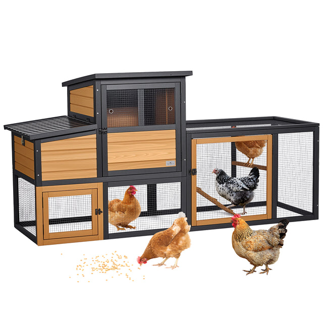The PETSFIT wooden chicken coop set up in a backyard, featuring an attached run, designed to comfortably house 2 to 4 chickens