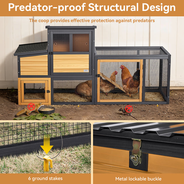 The coop comes with 6 ground stakes to securely anchor it to the ground, preventing movement from wind or predators.