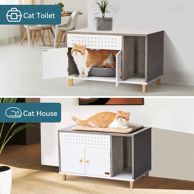 Petsfit wooden litter box cabinet in natural finish, designed as stylish indoor furniture to discreetly hide cat litter box