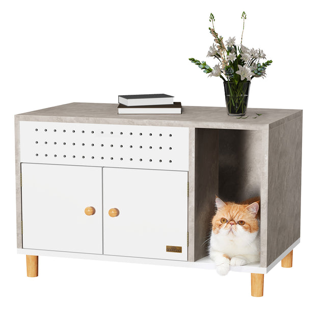 Petsfit wooden litter box cabinet in natural finish, designed as stylish indoor furniture to discreetly hide cat litter box