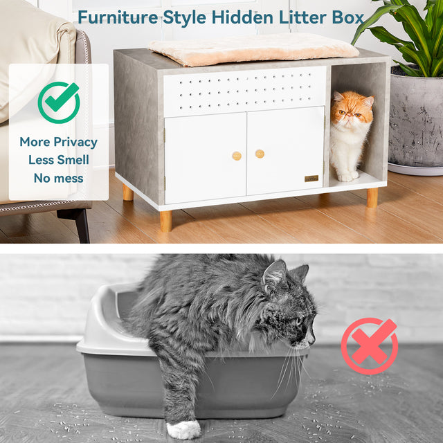 Petsfit wooden litter box cabinet in natural finish, designed as stylish indoor furniture to discreetly hide cat litter box