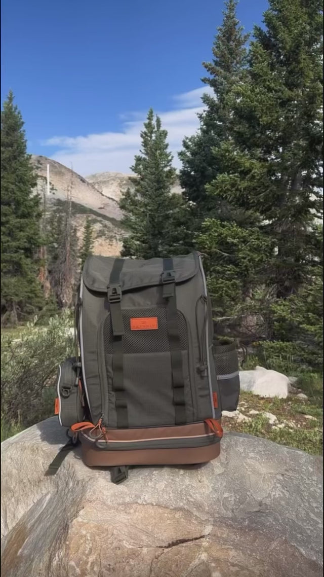 Cat owner packing PETSFIT WILDPATH green hiking pet carrier backpack with essentials — jackets food bowls leashes treats water — before cat Phoebe hops in and enjoys mountain trail views
